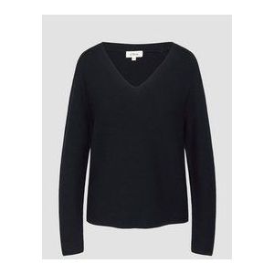 s.Oliver - Geribde Gebreide Trui - Donkerblauw - Katoenmix - V-hals