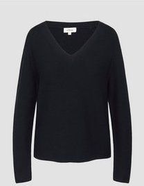 s.Oliver - Geribde Gebreide Trui - Donkerblauw - Katoenmix - V-hals