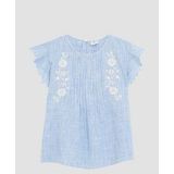 s.Oliver - Blouse - Lichtblauw/Wit - Katoen - Knoopsluiting, Borduursels, All-over Patroon