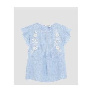 s.Oliver - Blouse - Lichtblauw/Wit - Katoen - Knoopsluiting, Borduursels, All-over Patroon