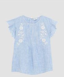 s.Oliver - Blouse - Lichtblauw/Wit - Katoen - Knoopsluiting, Borduursels, All-over Patroon