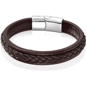 LGT Jewels Heren Armband Bruin Leer Gevlochten Edelstaal Sluiting-23cm