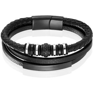 Mendes Jewelry Heren Armband - Zwart Leder met Zilveren Bedels en Zwarte Sluiting-21cm