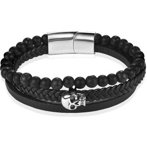 Heren armband Memphis Agaat Skull Gevlochten Leer Zwart-20.5cm