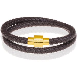 Memphis leren wrap armband Donkerbruin Goud-20cm