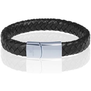 Memphis gevlochten leren armband Zwart Zilver-21cm