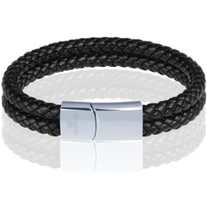 Memphis dubbele leren armband Zwart Zilver-17cm