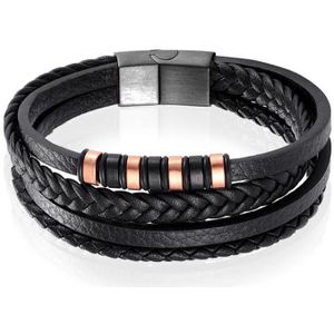 Leren heren armband Multi Mendes Edelstaal Zwart Rose-19cm