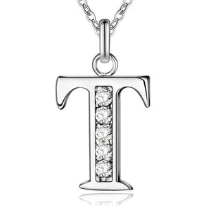 Zilverkleurige Letter T Dames Ketting met Zirkonia