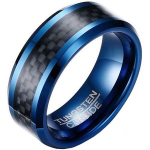 Wolfraam heren ring Carbon Fiber Blauw Zwart 8mm-19mm