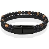 Memphis Heren armband zwart leer Tijgeroog kralen Edelstaal magneet sluiting - 20.5cm