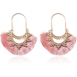 Deja Jewels Bohemian Gouden Oorbellen met Roze Franje Waaierhangers