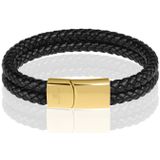 Memphis dubbele leren armband Zwart Goud-23cm