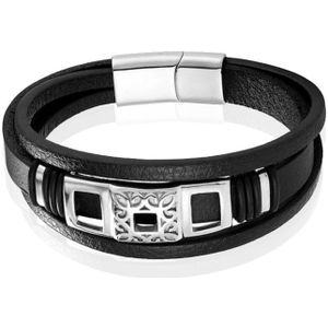 Mendes Jewelry Luxe Heren Armband in Zwart Leer met Zilveren Elementen-19cm
