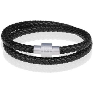 Memphis leren wrap armband Zwart Zilver-21cm