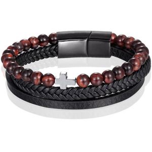 Heren armband Memphis Tijgeroog  kraal gevlochten leer Kruis Zwart Bruin - 19cm