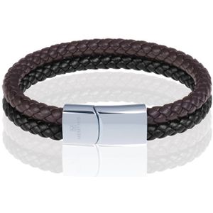 Memphis Dubbele leren armband Duo Color Zilver Zwart Bruin-19cm