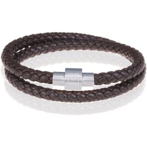 Memphis leren wrap armband Donkerbruin Zilver-22cm