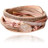 Roze leren dames armband Bohemian stijl met steen