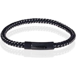 Tom Jaxon Heren armband geweven leer met Edelstaal Zwart-21cm