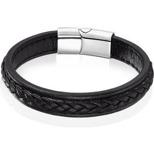 LGT Jewels Heren Armband Zwart Leer Gevlochten Edelstaal Sluiting-19cm