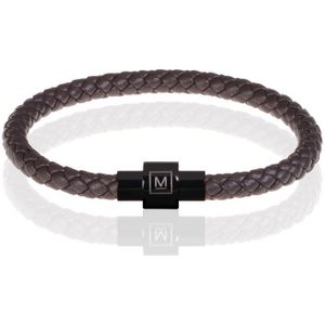 Memphis armband leer met edelstaal Donkerbruin Zwart-23cm