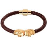 LGT Jewels Leren armband Edelstaal Twin Skull Goudkleurig Bruin