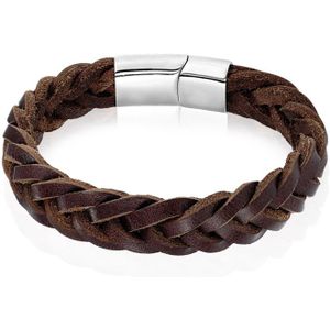 Heren armband LGT Jewels Gevlochten Leer Edelstaal Bruin Zilverkleurig-19cm