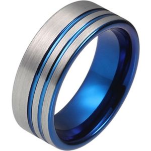 Wolfraam heren ring Dubbele Groef Geborsteld Zilverkleurig Blauw-21.5mm