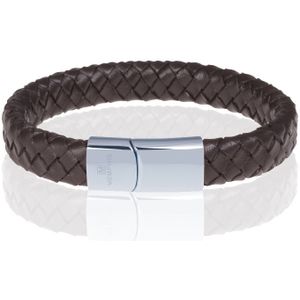 Memphis gevlochten leren armband Bruin Zilver-21cm