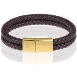 Memphis dubbele leren armband Donkerbruin Goud-18cm