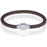 Memphis armband leer met edelstaal Donkerbruin Zilver-18cm