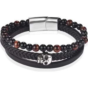 Heren armband Memphis Tijgeroog Skull Gevlochten Leer Zwart Bruin-18.5cm