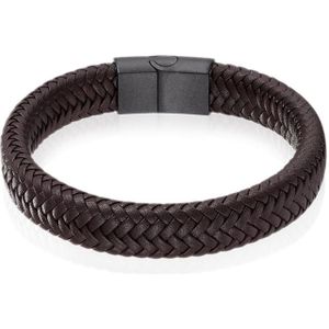 Gevlochten Leren Armband Heren Edelstaal Sluiting Bruin Zwart-22cm