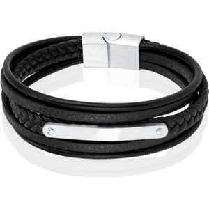 Mendes Lederen Armband voor Mannen - Zilver, Met Graveerplaat en RVS Sluiting-21cm