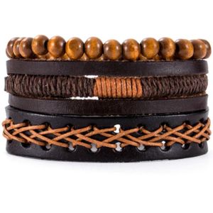 Heren armbanden Set Bruin Leer Touw Kralen