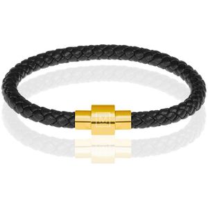 Memphis armband leer met edelstaal Zwart Goud-17cm