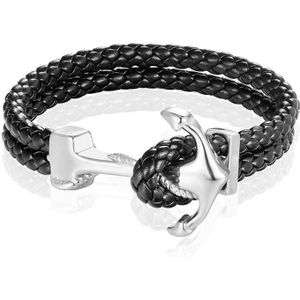 Heren armband Leer Anker Mendes Zilverkleurig Zwart - 21cm