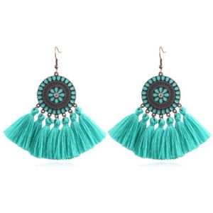 Bohemian Ibiza oorbellen hangers met katoenen kwastjes kleur turquoise