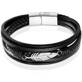 Mendes Jewelry Heren Armband - Stoer Zwart Leder met Bladvormige Stalen Bedel - Zilver-19cm