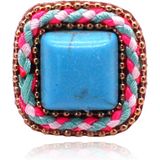 Handgemaakte verstelbare vierkante multicolor ring van leer met touw en turkoois