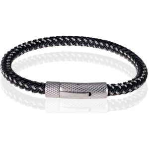 Tom Jaxon Heren armband geweven leer met Edelstaal Zilverkleurig Zwart-21cm