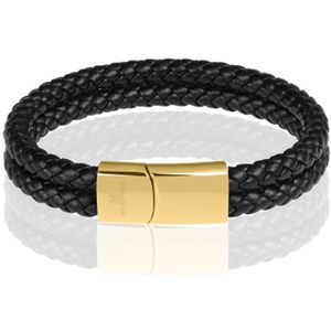 Memphis dubbele leren armband Zwart Goud-20cm