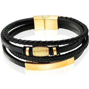 Mendes Jewelry Heren Armband van Roestvrijstaal en Echt Leder - Luxe Zwart met Gouden Elementen-23cm