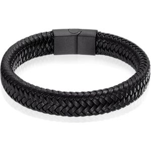 Gevlochten Leren Armband Heren Edelstaal Sluiting Zwart-22cm