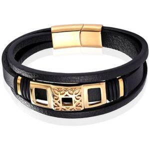 Mendes Jewelry Luxe Heren Armband in Zwart Leer met Gouden Elementen-21cm