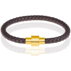 Memphis armband leer met edelstaal Donkerbruin Goud-17cm