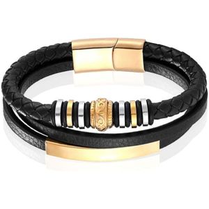 Mendes Jewelry Heren Armband - Zwart Leder met Bedels en Gouden Sluiting-19cm