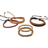 Leren armbanden set met houten kralen bruin