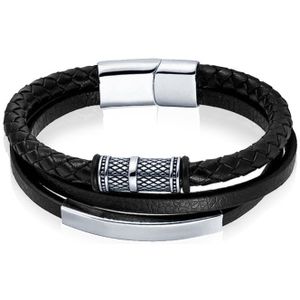 Mendes multi armband leer RVS Kraal Zwart Zilverkleurig-22cm